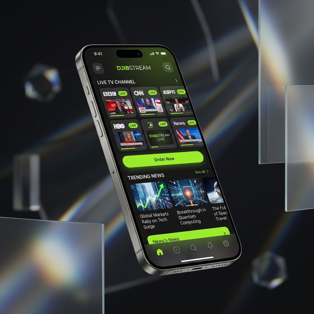 Aperçu de l'application DJIBSTREAM sur smartphone montrant les chaînes TV en direct
